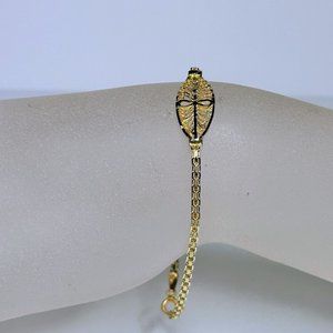 Ornate 14k Solid gold Filigree etching band center fancy chain bracelet 7"